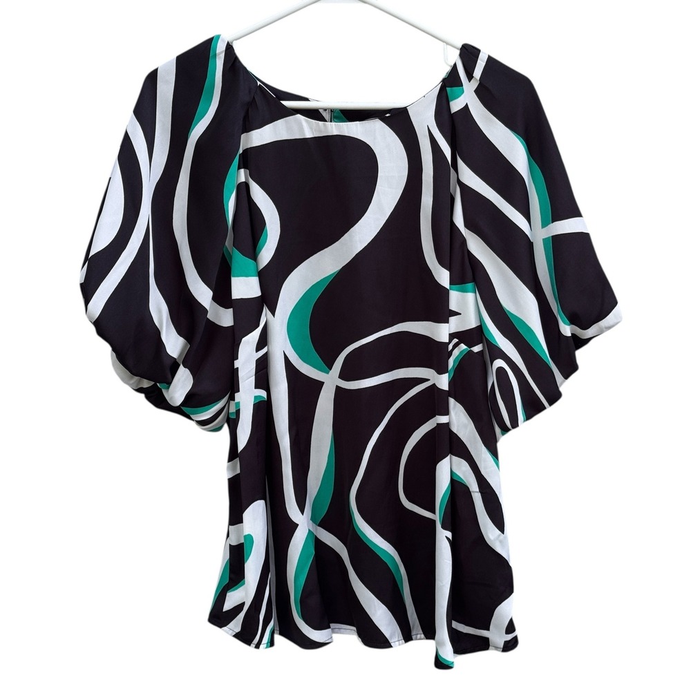 Nine West Women's Plus 0X Black White Green Abstract Blouse Top NWT Puff Sleeves